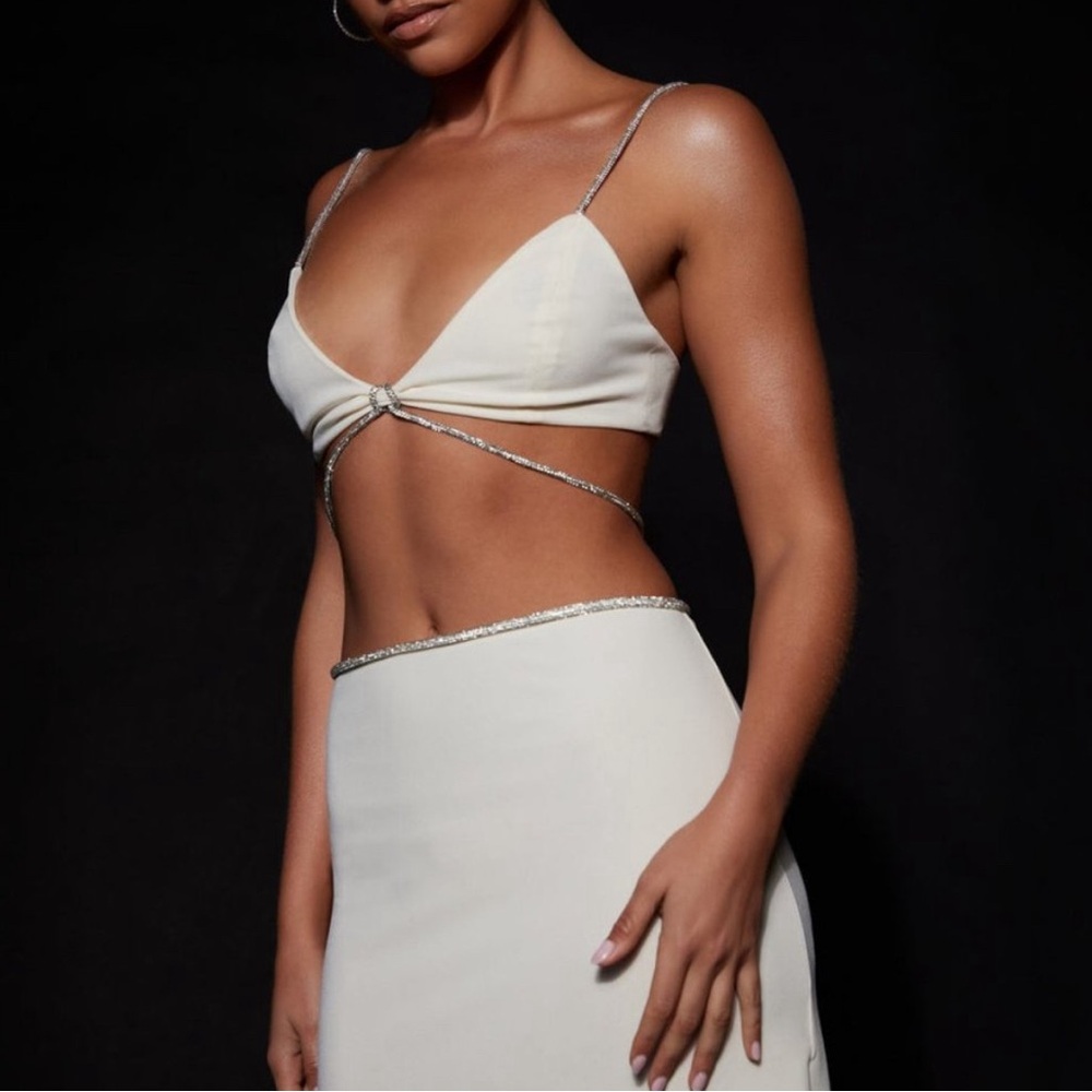 NEVER WORN Meshki Sweeney Diamante Maxi Skirt and top With Split in Bone White